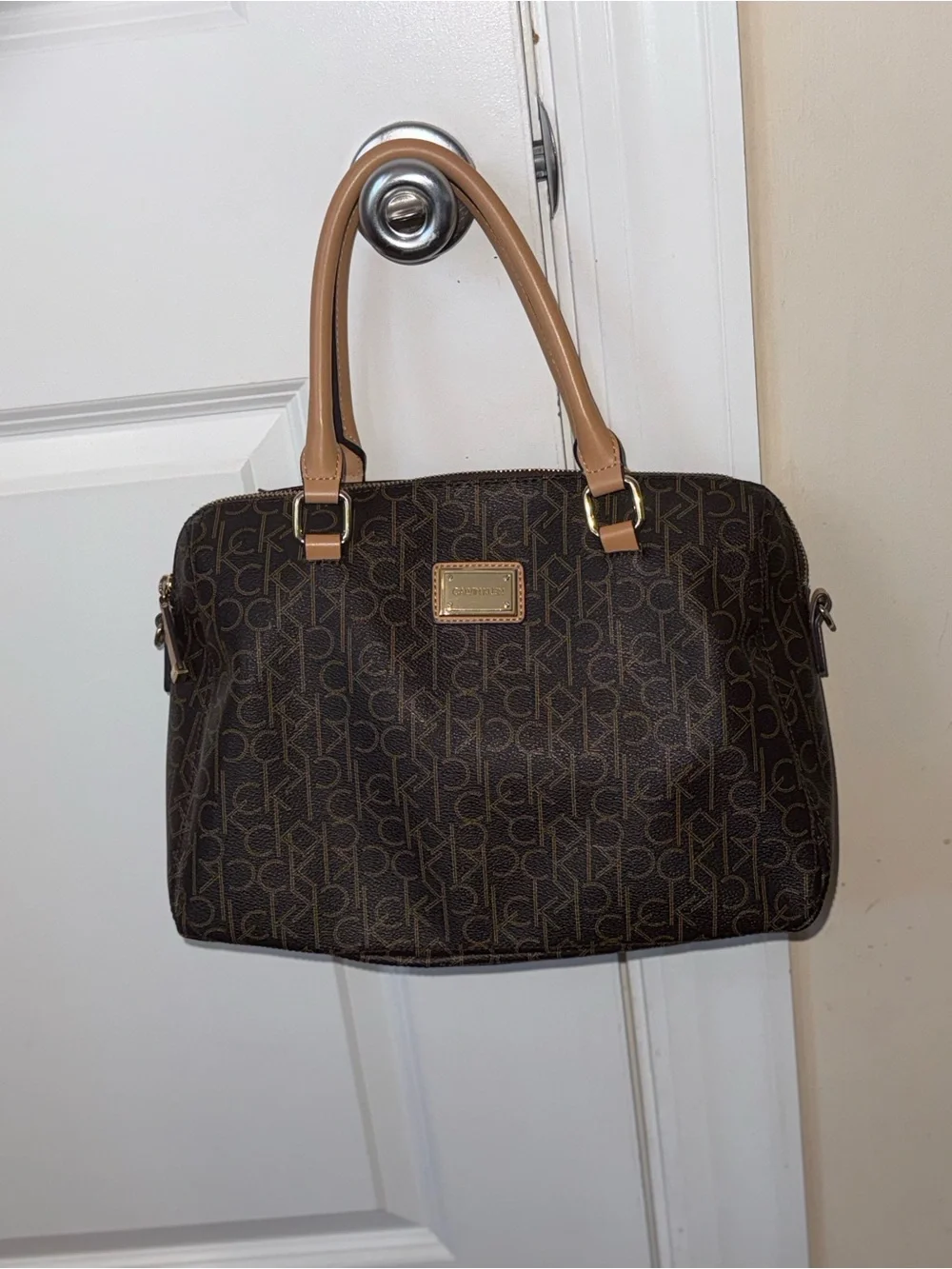 Calvin Klein Dark Brown Monogram Dome Satchel with Tan Handles